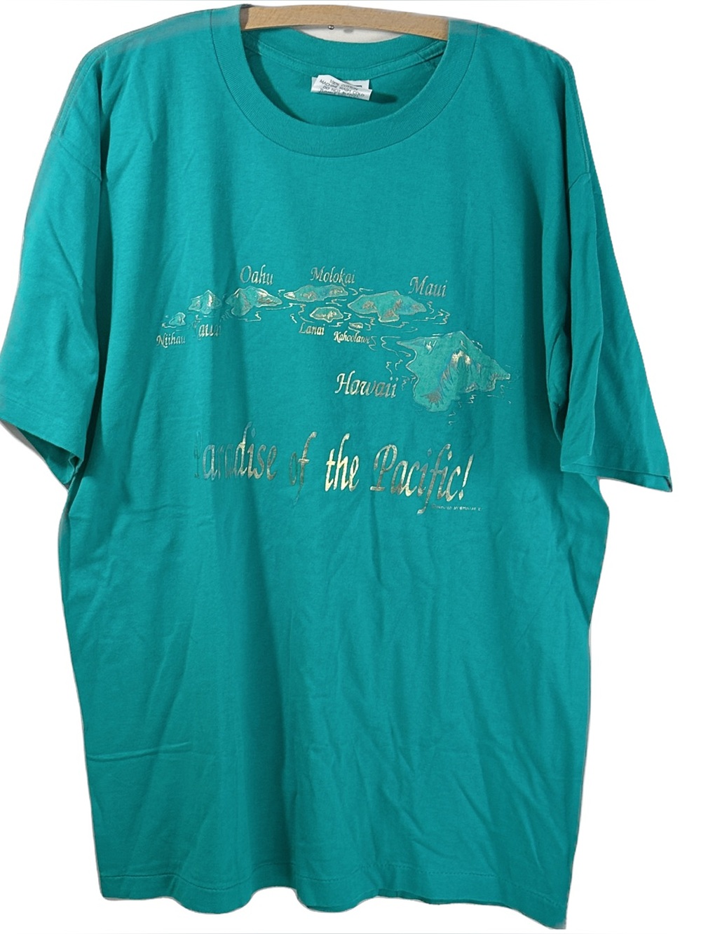 Vintage Vacation Hawaii 'Paradise of the Pacific' Teal Gold Graphic Tee XL